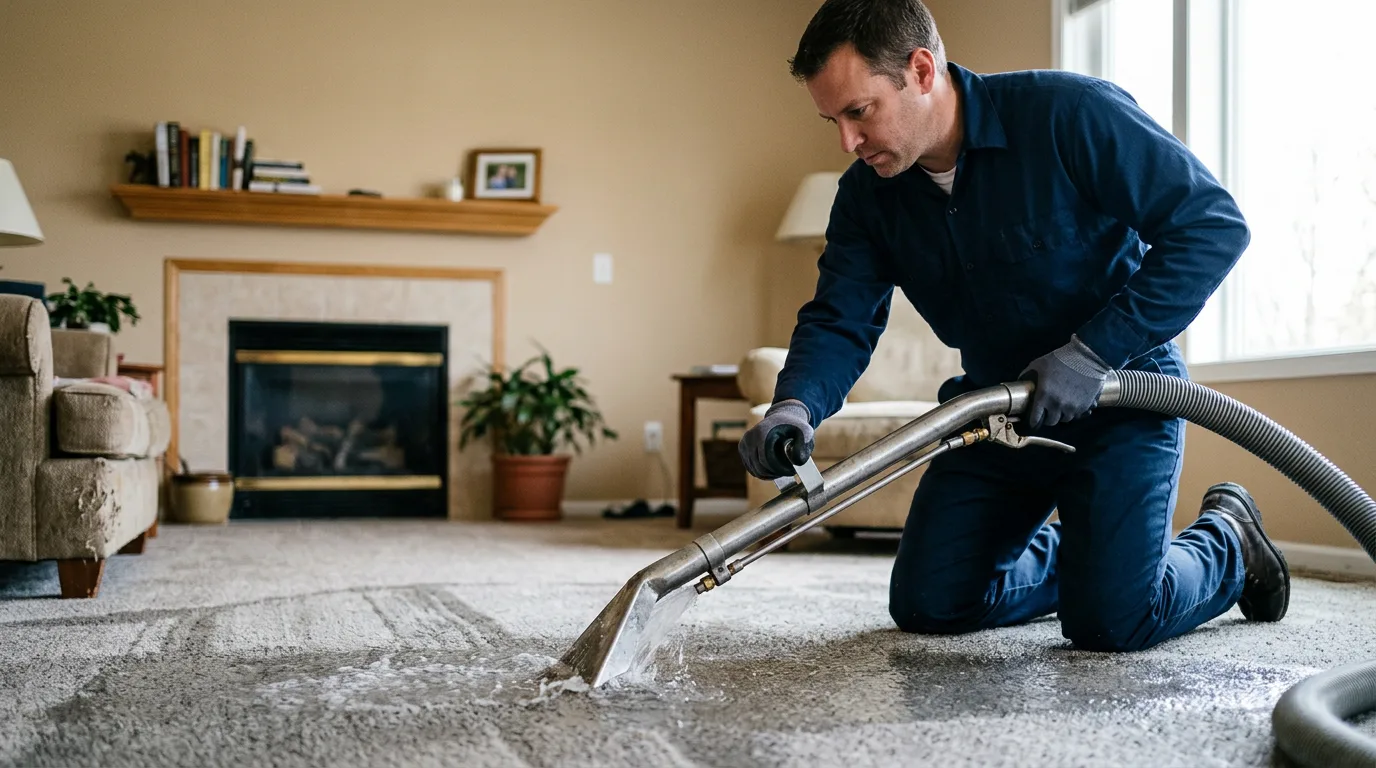 Water damage restoration technician working in a home in Indiana